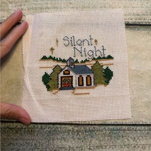 Grandmacore needlework Christmas silent night with church Christmas trees.
